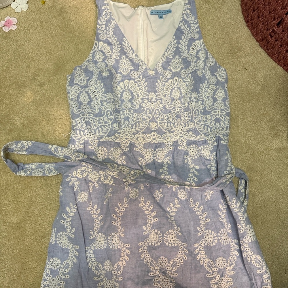 Tahari ASL Light Blue V-Neck Lace Overlay Dress